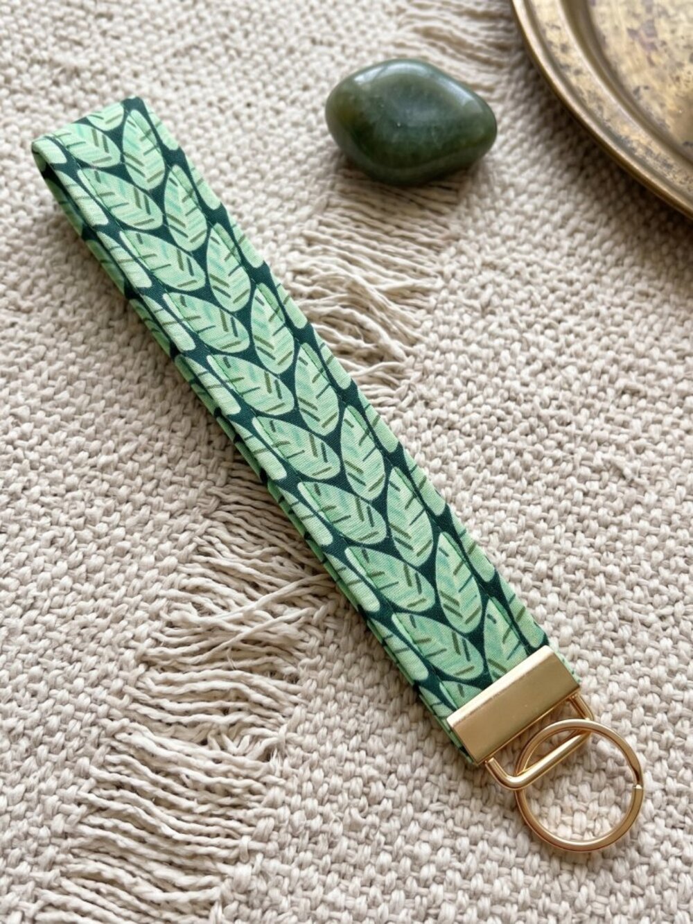 New Green Leaf Print Fabric Keychain Wristlet – Cute & Handy Key Holder